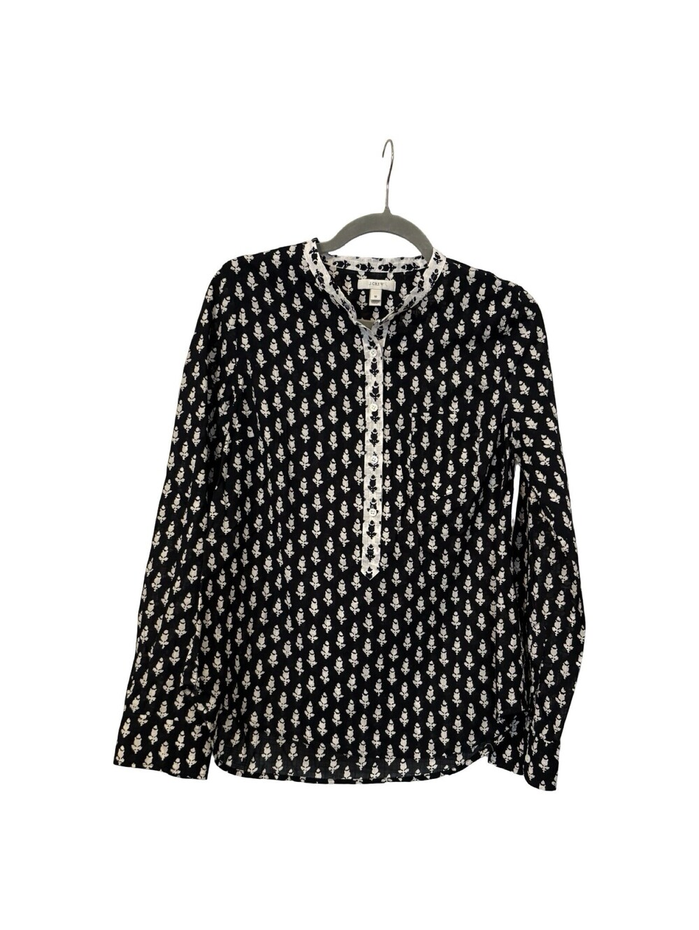 J. Crew Navy White Floral Mandarin Collar Popover Blouse Size 10